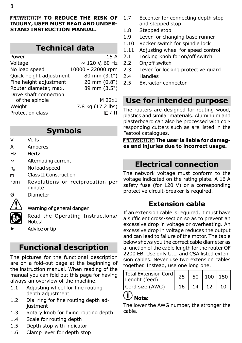 Technical data, Symbols, Functional description | Use for intended purpose, Electrical connection, Extension cable | Festool OF 2200 EB User Manual | Page 8 / 46