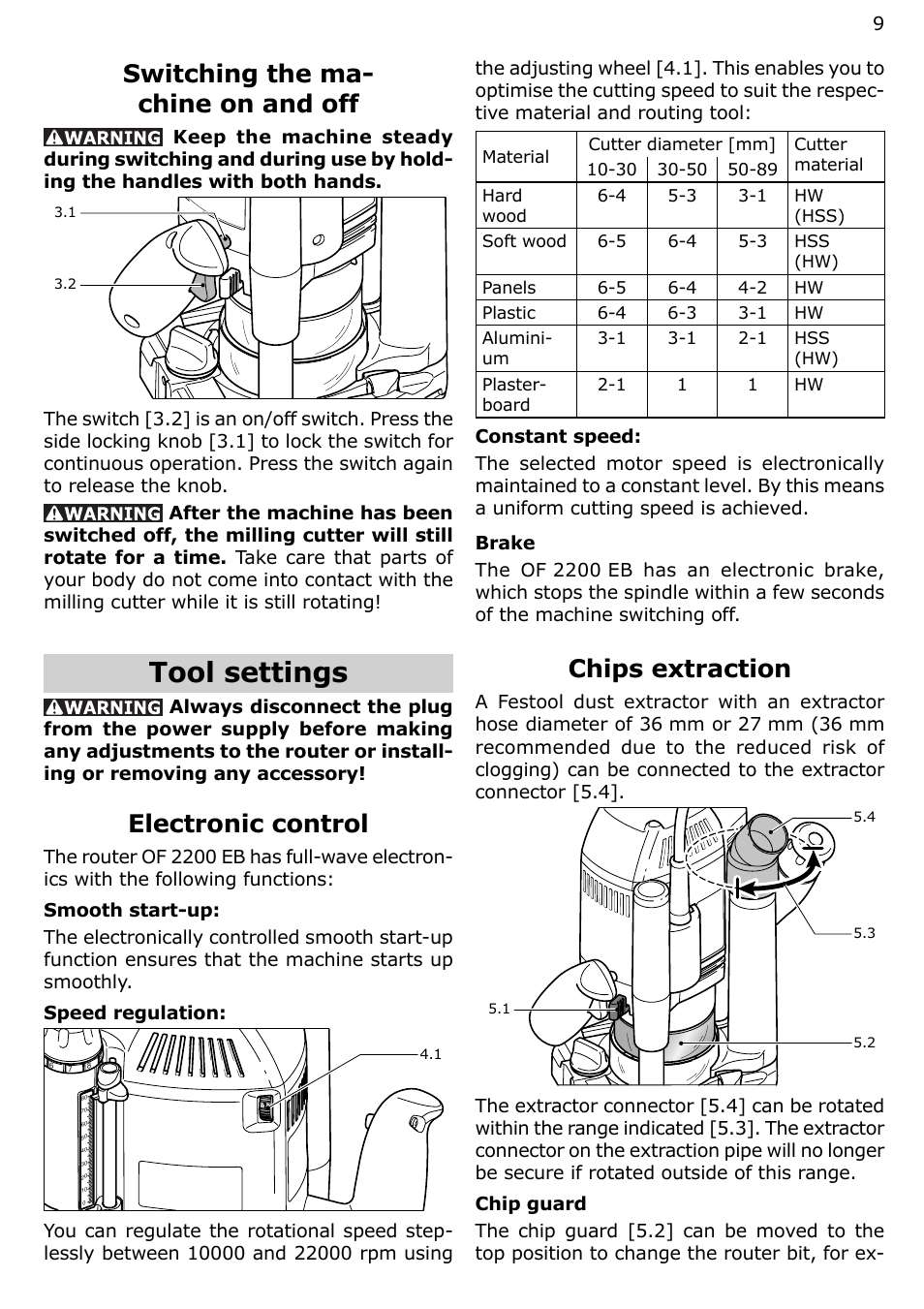Tool settings, Switching the ma- chine on and off, Electronic control | Chips extraction | Festool OF 2200 EB User Manual | Page 9 / 46