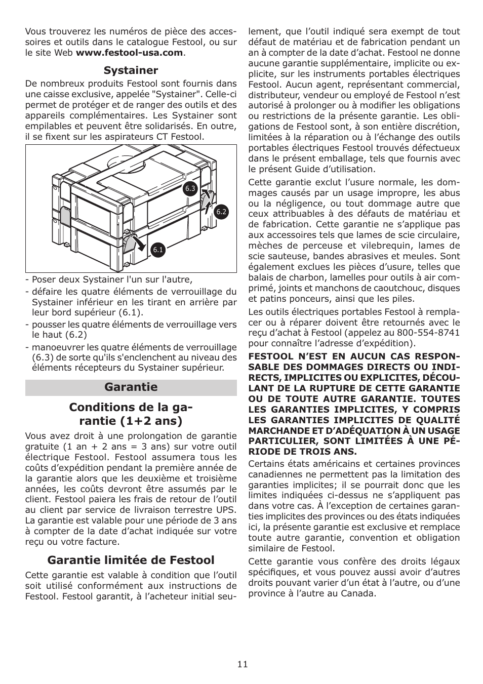 Garantie conditions de la ga- rantie (1+2 ans), Garantie limitée de festool | Festool RTS 400 Q User Manual | Page 11 / 16