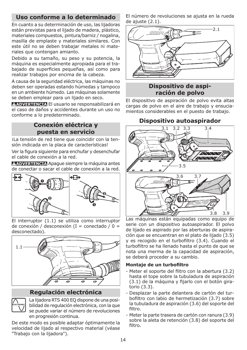 Dispositivo de aspi- ración de polvo, Dispositivo autoaspirador, Uso conforme a lo determinado | Conexión eléctrica y puesta en servicio, Regulación electrónica | Festool RTS 400 Q User Manual | Page 14 / 16