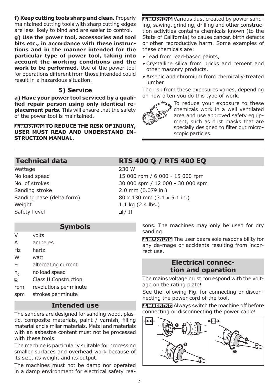 Symbols, Intended use, Electrical connec- tion and operation | Festool RTS 400 Q User Manual | Page 3 / 16