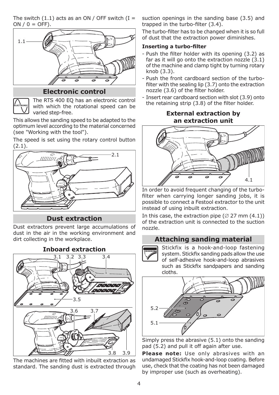 Electronic control, Dust extraction, Attaching sanding material | Festool RTS 400 Q User Manual | Page 4 / 16