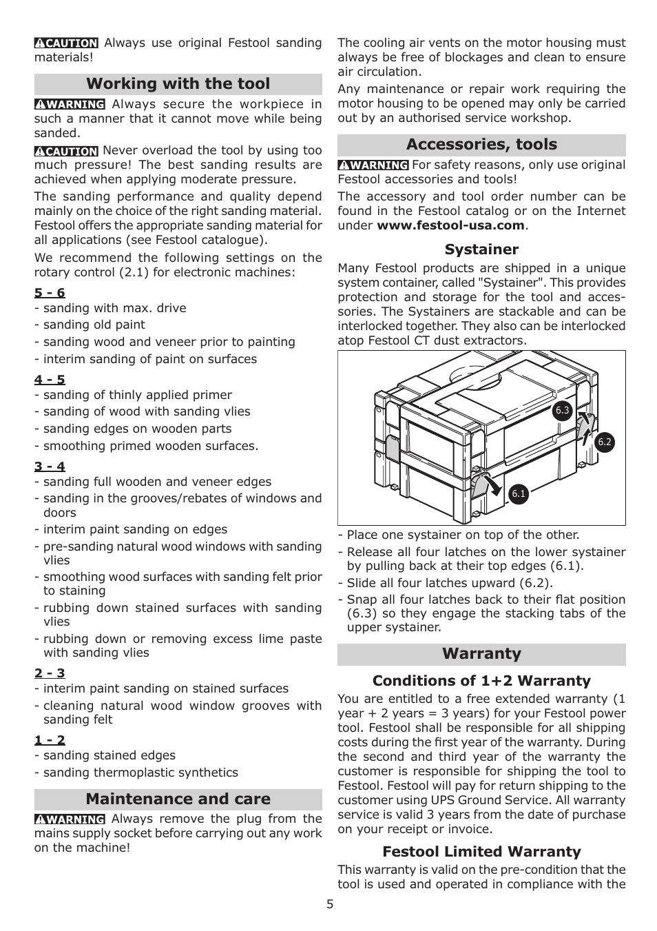 Working with the tool, Maintenance and care, Accessories, tools | Warranty | Festool RTS 400 Q User Manual | Page 5 / 16