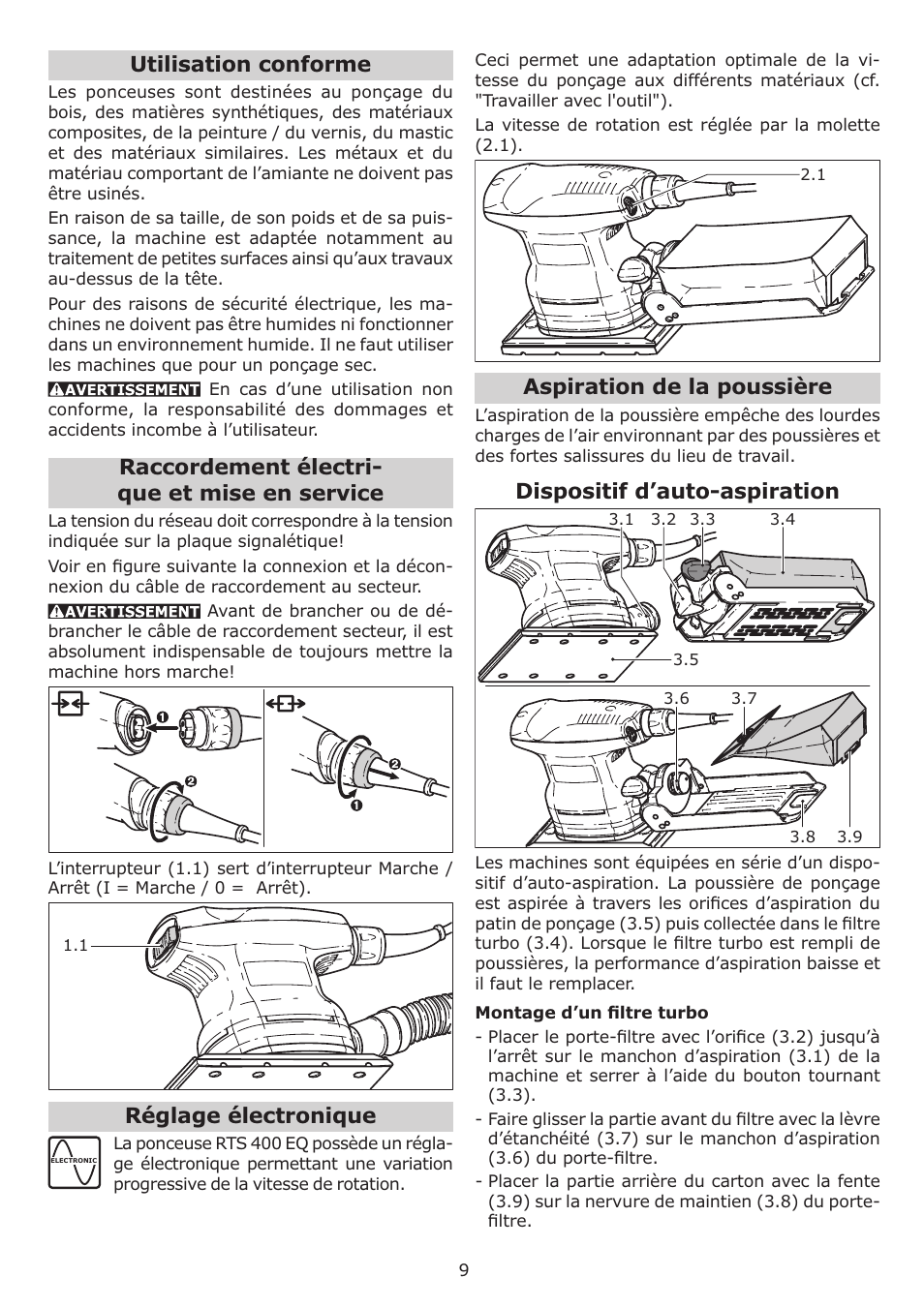 Utilisation conforme, Raccordement électri- que et mise en service, Réglage électronique | Aspiration de la poussière, Dispositif d’auto-aspiration | Festool RTS 400 Q User Manual | Page 9 / 16