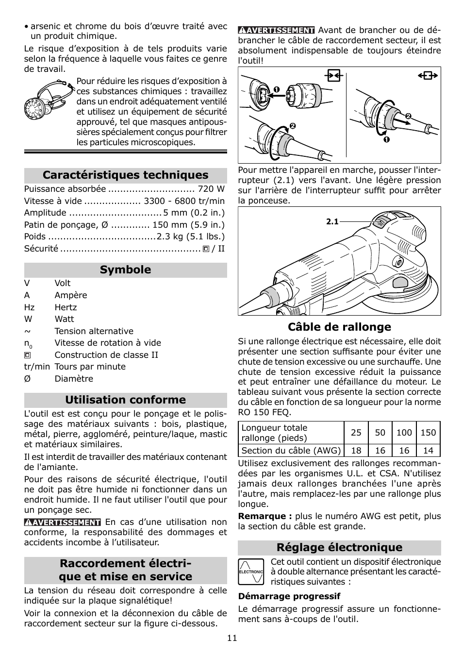 Caractéristiques techniques, Symbole, Utilisation conforme | Raccordement électri- que et mise en service, Câble de rallonge, Réglage électronique | Festool RO 150 FEQ User Manual | Page 11 / 24