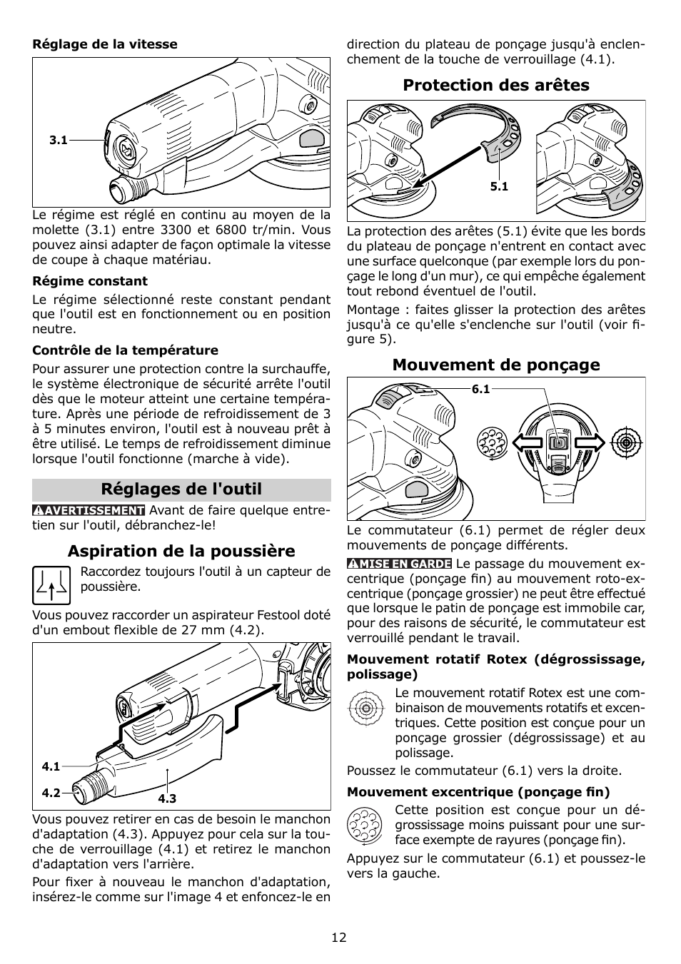 Réglages de l'outil, Aspiration de la poussière, Protection des arêtes | Mouvement de ponçage | Festool RO 150 FEQ User Manual | Page 12 / 24