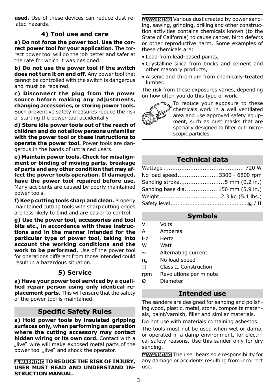 Technical data, Symbols, Intended use | Specifi c safety rules | Festool RO 150 FEQ User Manual | Page 3 / 24