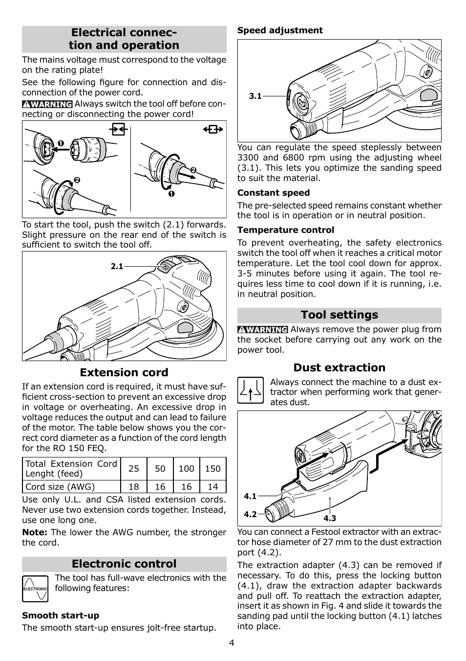 Electrical connec- tion and operation, Extension cord, Electronic control | Tool settings, Dust extraction | Festool RO 150 FEQ User Manual | Page 4 / 24