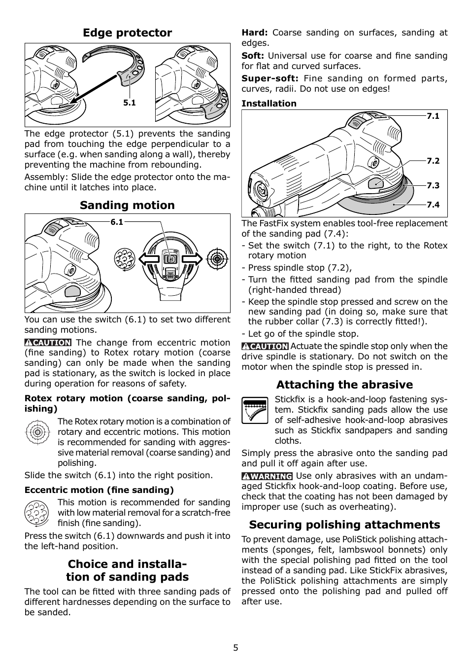 Edge protector, Sanding motion, Choice and installa- tion of sanding pads | Attaching the abrasive, Securing polishing attachments | Festool RO 150 FEQ User Manual | Page 5 / 24