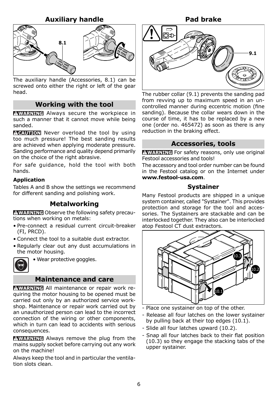 Auxiliary handle, Working with the tool, Metalworking | Maintenance and care, Pad brake, Accessories, tools | Festool RO 150 FEQ User Manual | Page 6 / 24