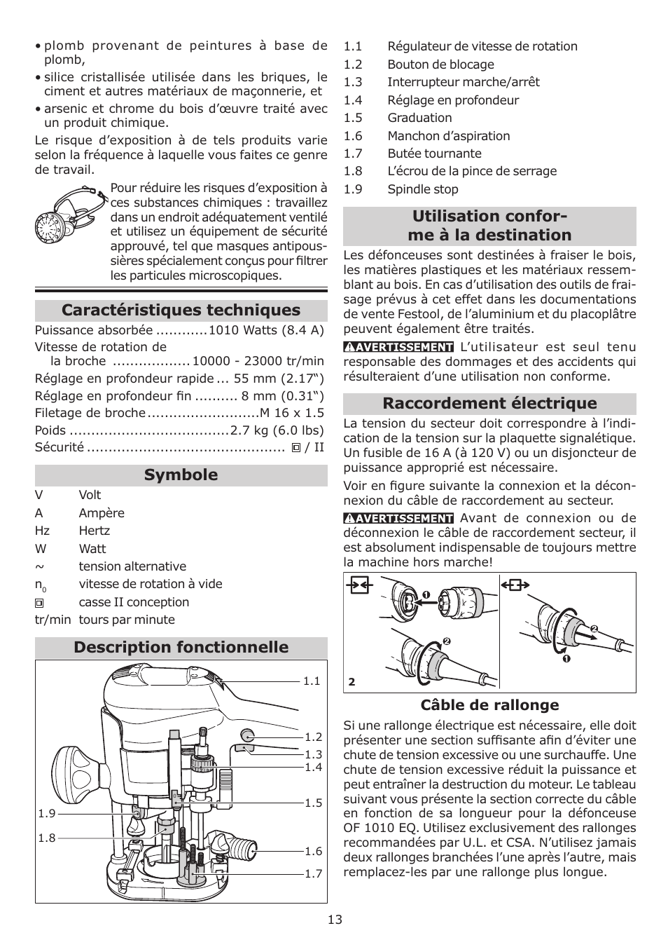 Utilisation confor- me à la destination, Raccordement électrique, Caractéristiques techniques | Symbole, Description fonctionnelle | Festool OF 1010 EQ User Manual | Page 13 / 28