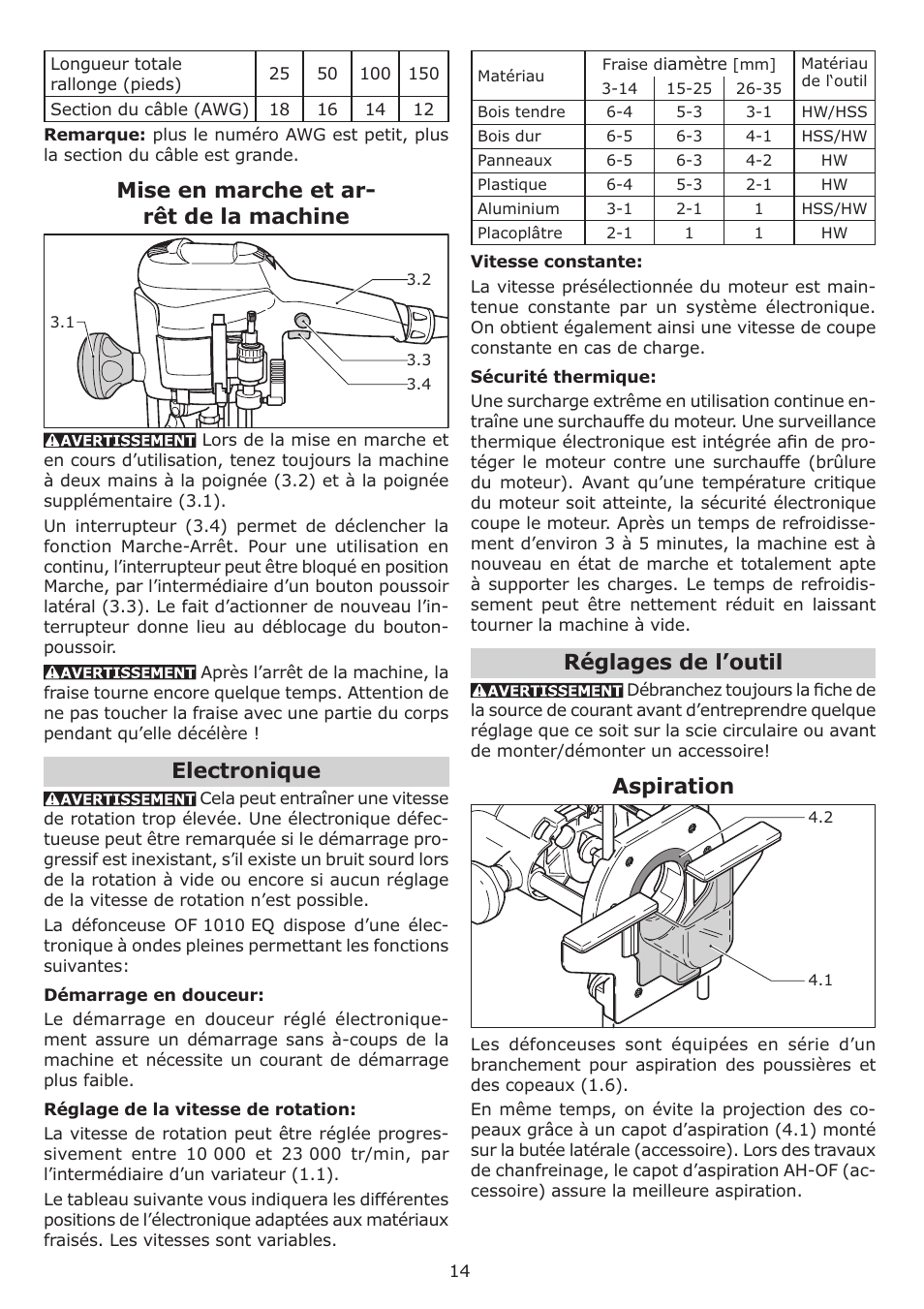 Mise en marche et ar- rêt de la machine, Electronique, Réglages de l’outil | Aspiration | Festool OF 1010 EQ User Manual | Page 14 / 28