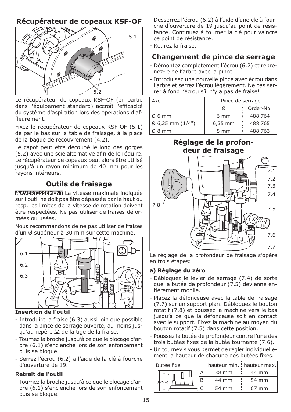 Récupérateur de copeaux ksf-of, Outils de fraisage, Changement de pince de serrage | Réglage de la profon- deur de fraisage | Festool OF 1010 EQ User Manual | Page 15 / 28