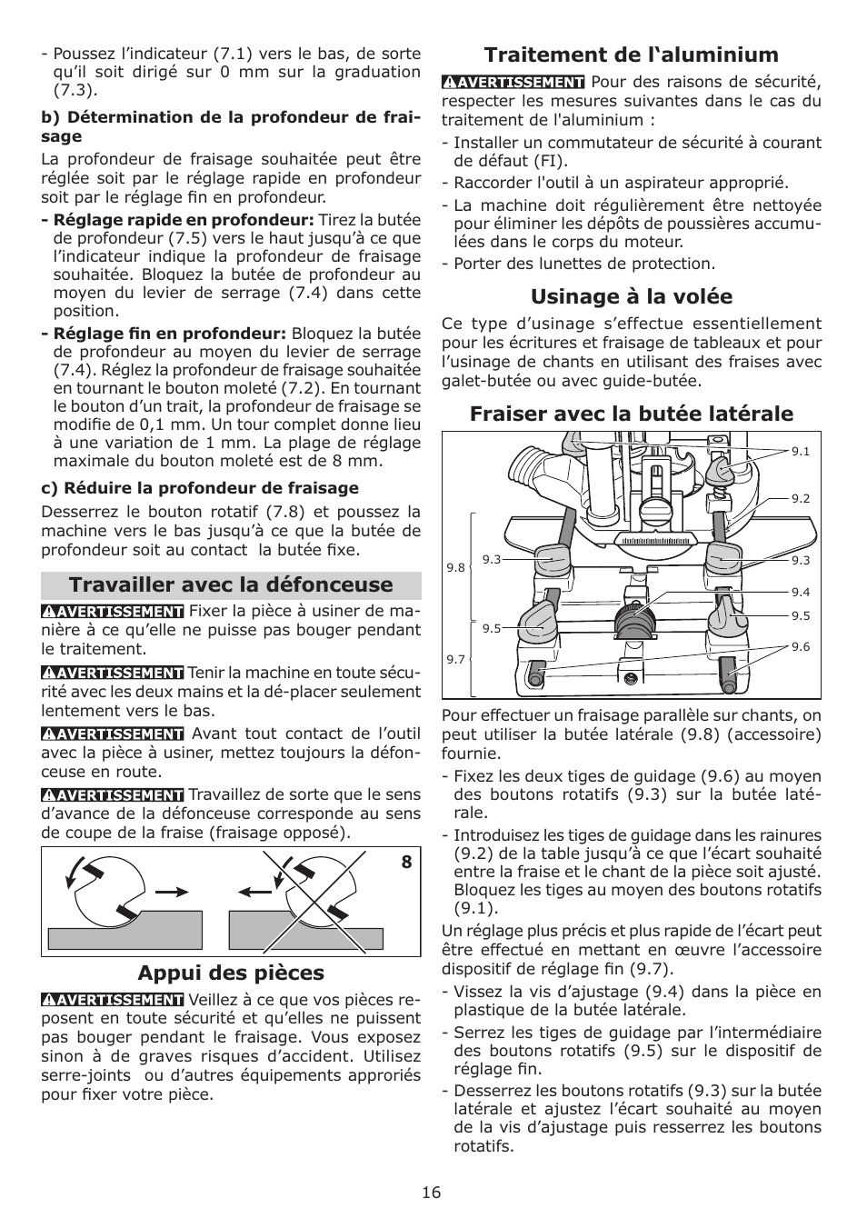 Travailler avec la défonceuse, Appui des pièces, Traitement de l‘aluminium | Usinage à la volée, Fraiser avec la butée latérale | Festool OF 1010 EQ User Manual | Page 16 / 28