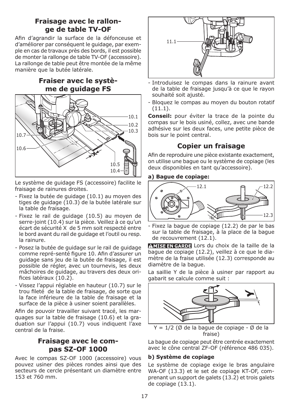 Fraisage avec le rallon- ge de table tv-of, Fraiser avec le systè- me de guidage fs, Fraisage avec le com- pas sz-of 1000 | Copier un fraisage | Festool OF 1010 EQ User Manual | Page 17 / 28