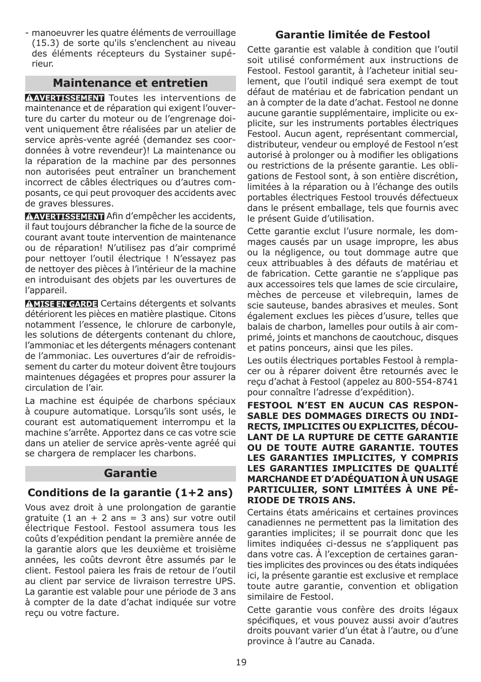 Maintenance et entretien, Garantie | Festool OF 1010 EQ User Manual | Page 19 / 28
