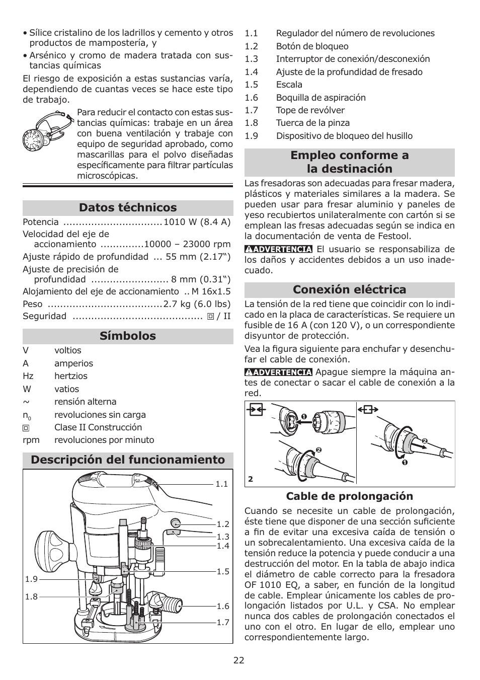 Empleo conforme a la destinación, Conexión eléctrica, Datos téchnicos | Símbolos, Descripción del funcionamiento | Festool OF 1010 EQ User Manual | Page 22 / 28