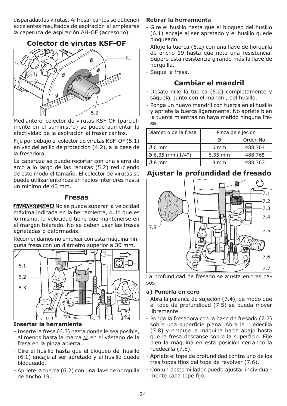Colector de virutas ksf-of, Fresas, Cambiar el mandril | Ajustar la profundidad de fresado | Festool OF 1010 EQ User Manual | Page 24 / 28