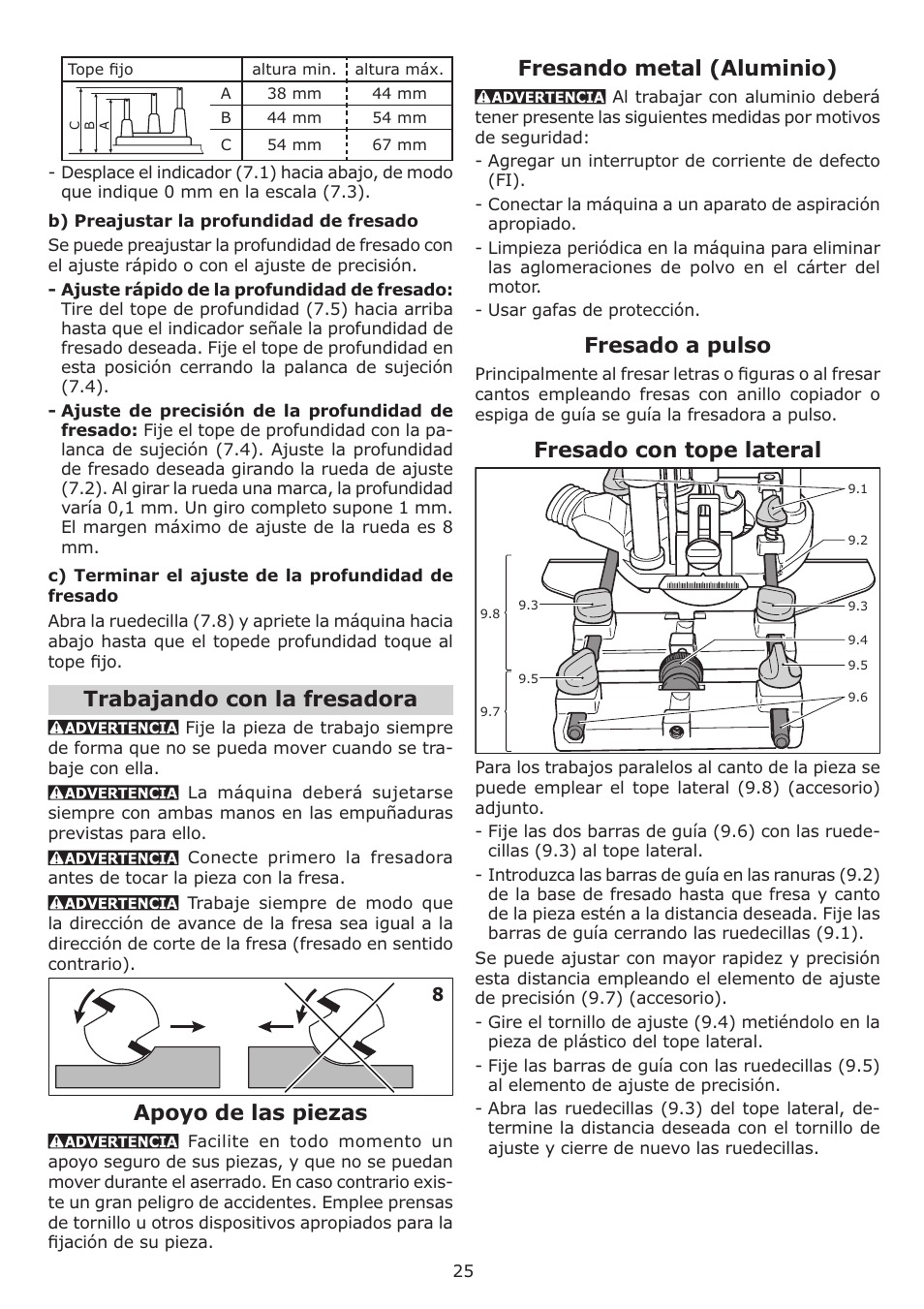 Trabajando con la fresadora, Apoyo de las piezas, Fresando metal (aluminio) | Fresado a pulso, Fresado con tope lateral | Festool OF 1010 EQ User Manual | Page 25 / 28