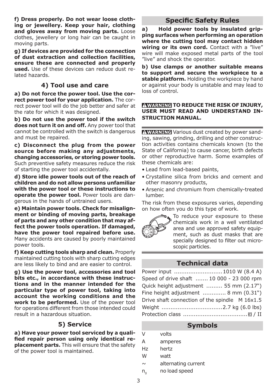 Speciﬁ c safety rules, Technical data, Symbols | Festool OF 1010 EQ User Manual | Page 3 / 28