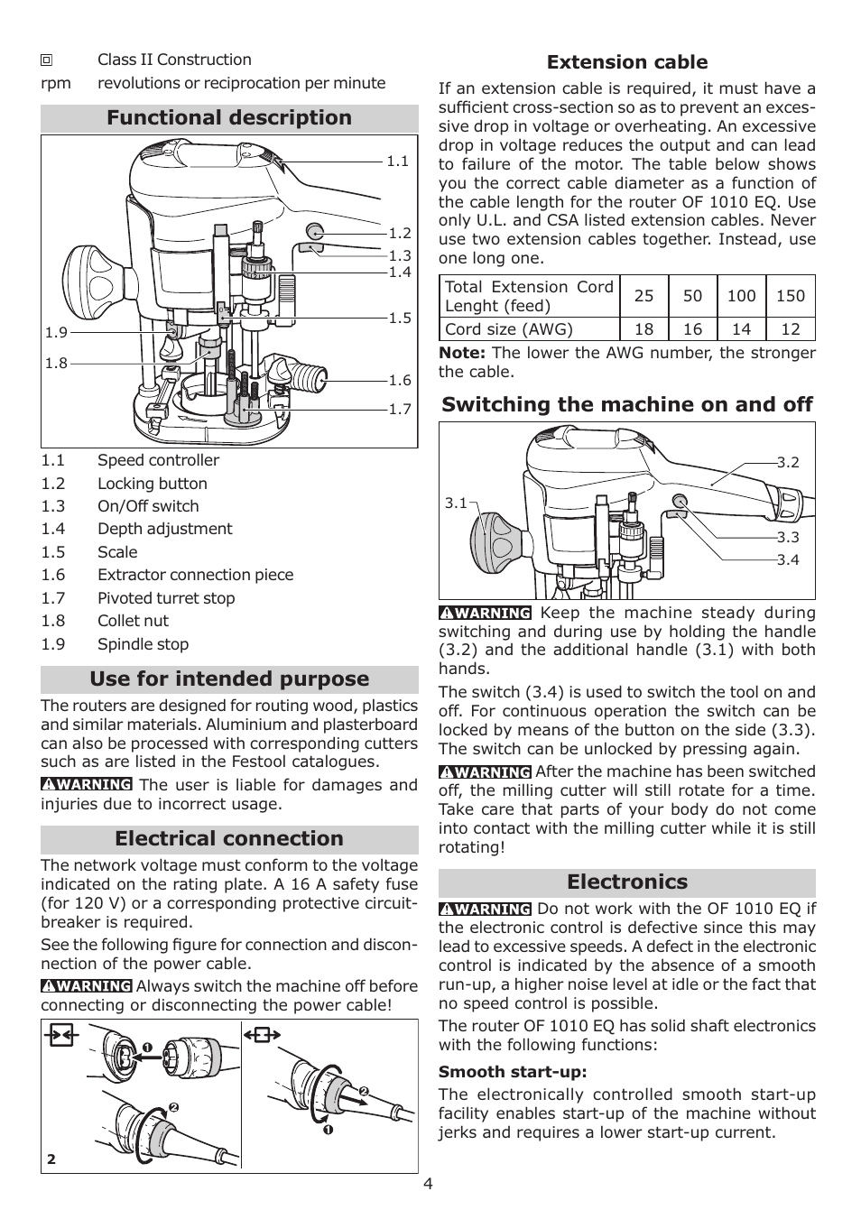 Functional description, Use for intended purpose, Electrical connection | Switching the machine on and off, Electronics | Festool OF 1010 EQ User Manual | Page 4 / 28