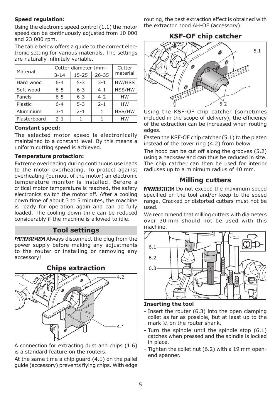 Tool settings, Chips extraction, Ksf-of chip catcher | Milling cutters | Festool OF 1010 EQ User Manual | Page 5 / 28