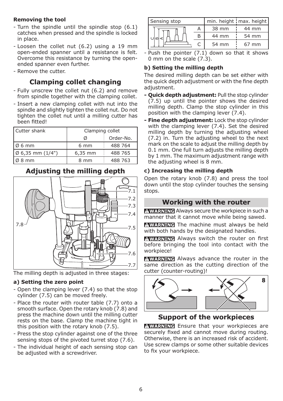 Clamping collet changing, Adjusting the milling depth, Working with the router | Support of the workpieces | Festool OF 1010 EQ User Manual | Page 6 / 28