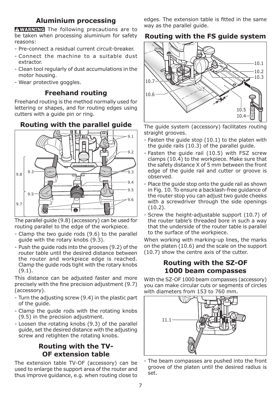 Aluminium processing, Freehand routing, Routing with the parallel guide | Routing with the tv- of extension table, Routing with the fs guide system, Routing with the sz-of 1000 beam compasses | Festool OF 1010 EQ User Manual | Page 7 / 28
