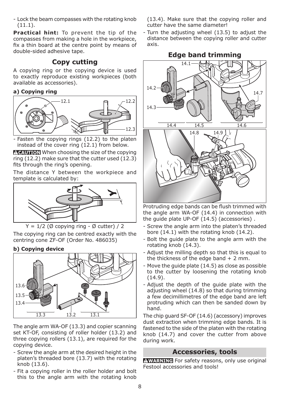 Copy cutting, Edge band trimming, Accessories, tools | Festool OF 1010 EQ User Manual | Page 8 / 28