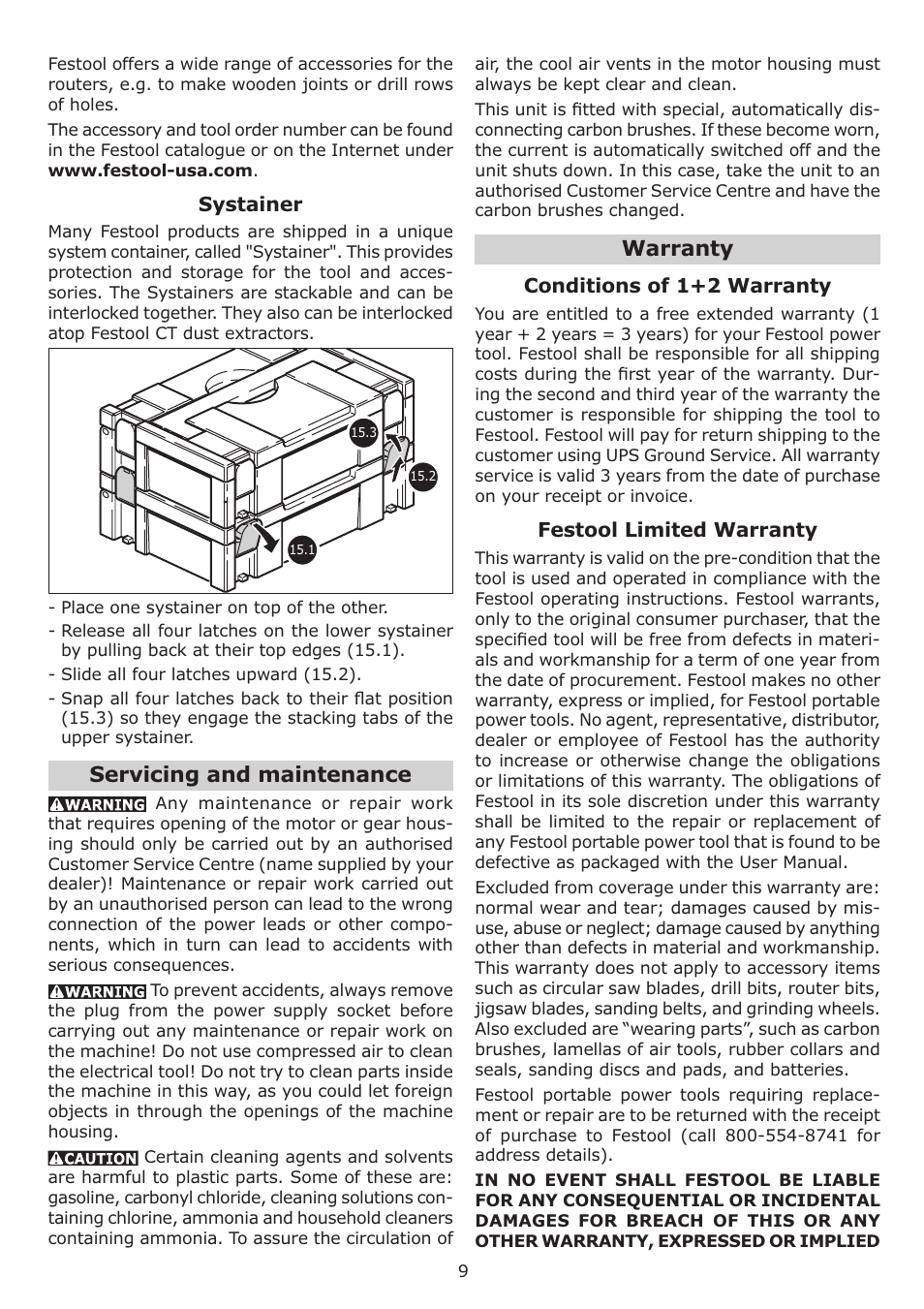 Servicing and maintenance, Warranty | Festool OF 1010 EQ User Manual | Page 9 / 28