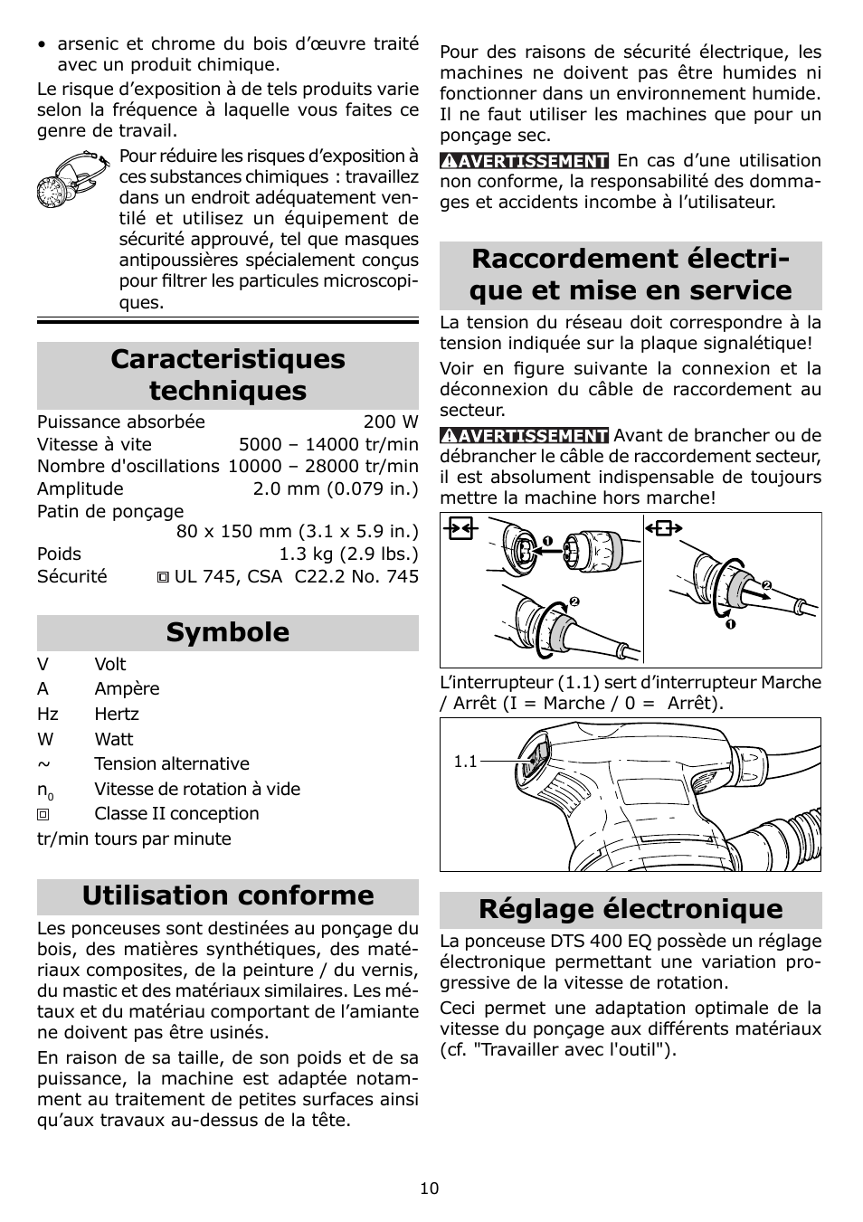 Raccordement électri- que et mise en service, Réglage électronique, Caracteristiques techniques | Symbole, Utilisation conforme | Festool DTS 400 EQ User Manual | Page 10 / 20