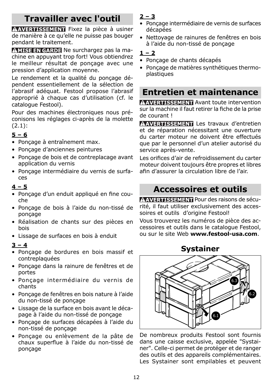 Travailler avec l'outil, Entretien et maintenance, Accessoires et outils | Systainer | Festool DTS 400 EQ User Manual | Page 12 / 20