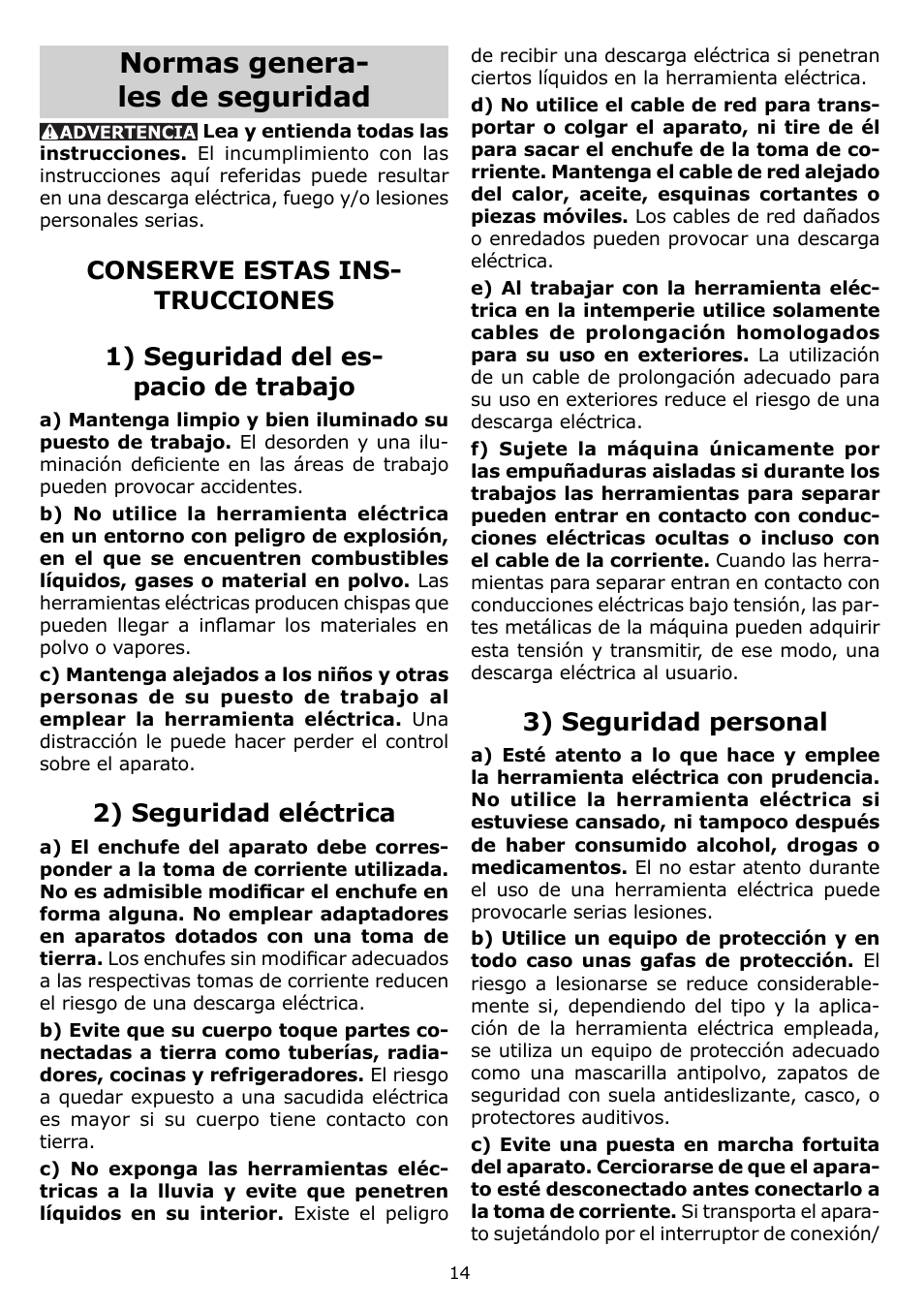 Normas genera- les de seguridad, 2) seguridad eléctrica, 3) seguridad personal | Festool DTS 400 EQ User Manual | Page 14 / 20