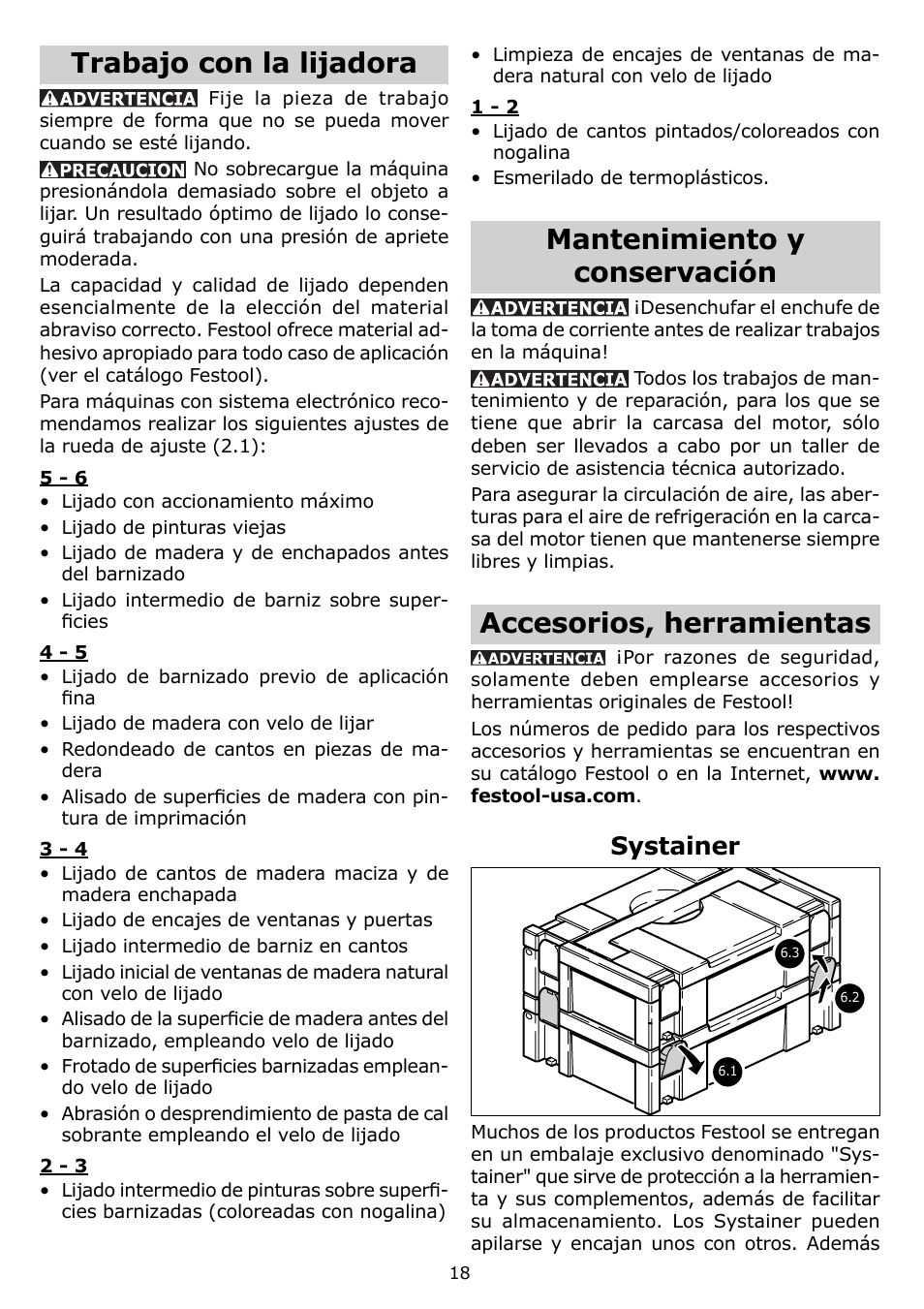Trabajo con la lijadora, Mantenimiento y conservación, Accesorios, herramientas | Systainer | Festool DTS 400 EQ User Manual | Page 18 / 20