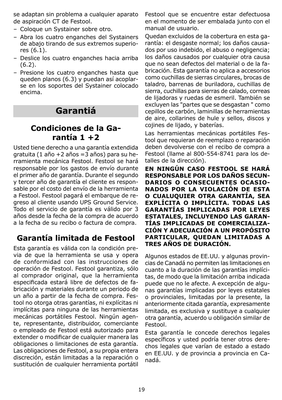 Garantiá, Condiciones de la ga- rantía 1 +2, Garantía limitada de festool | Festool DTS 400 EQ User Manual | Page 19 / 20