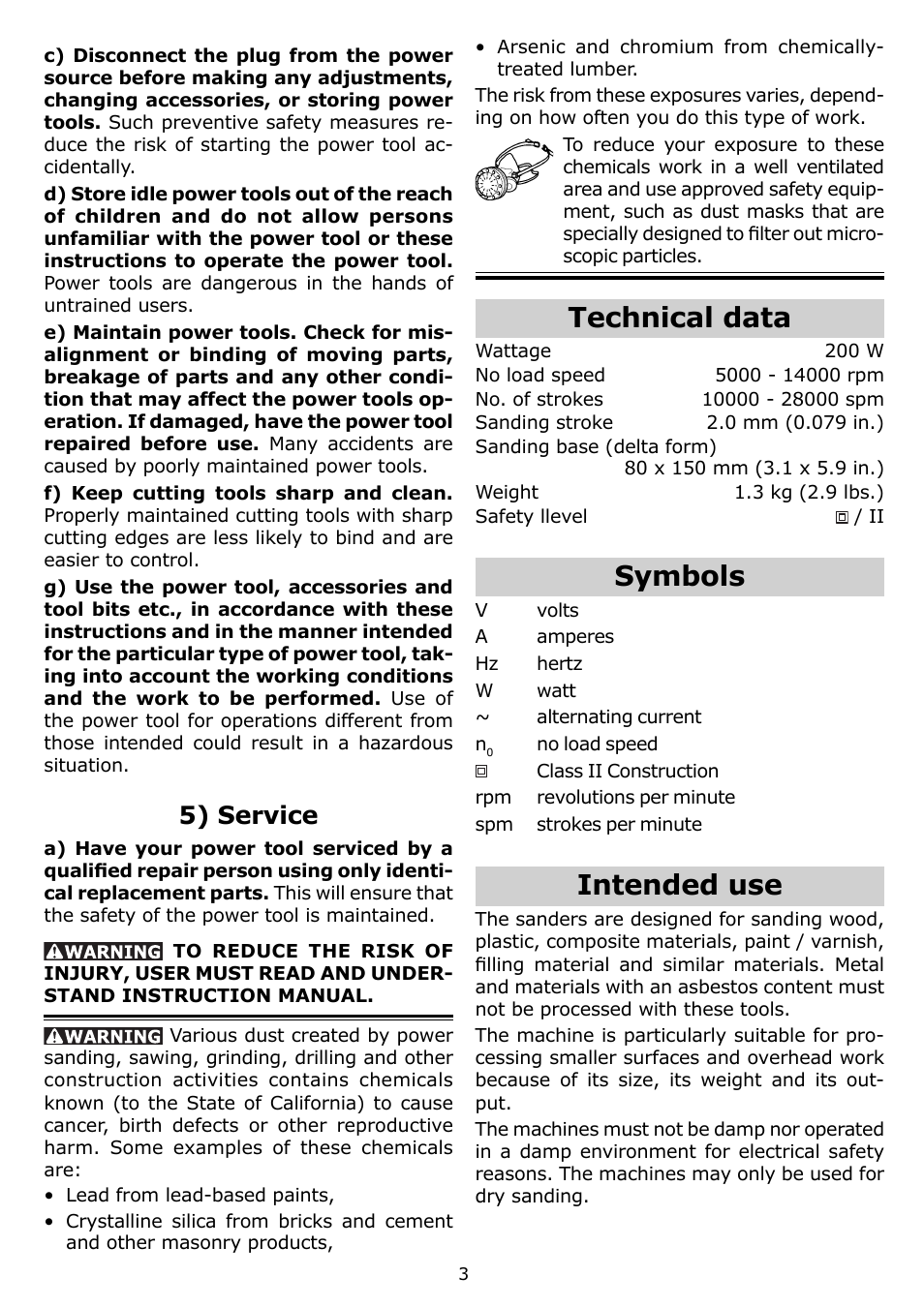 Technical data, Symbols, Intended use | 5) service | Festool DTS 400 EQ User Manual | Page 3 / 20