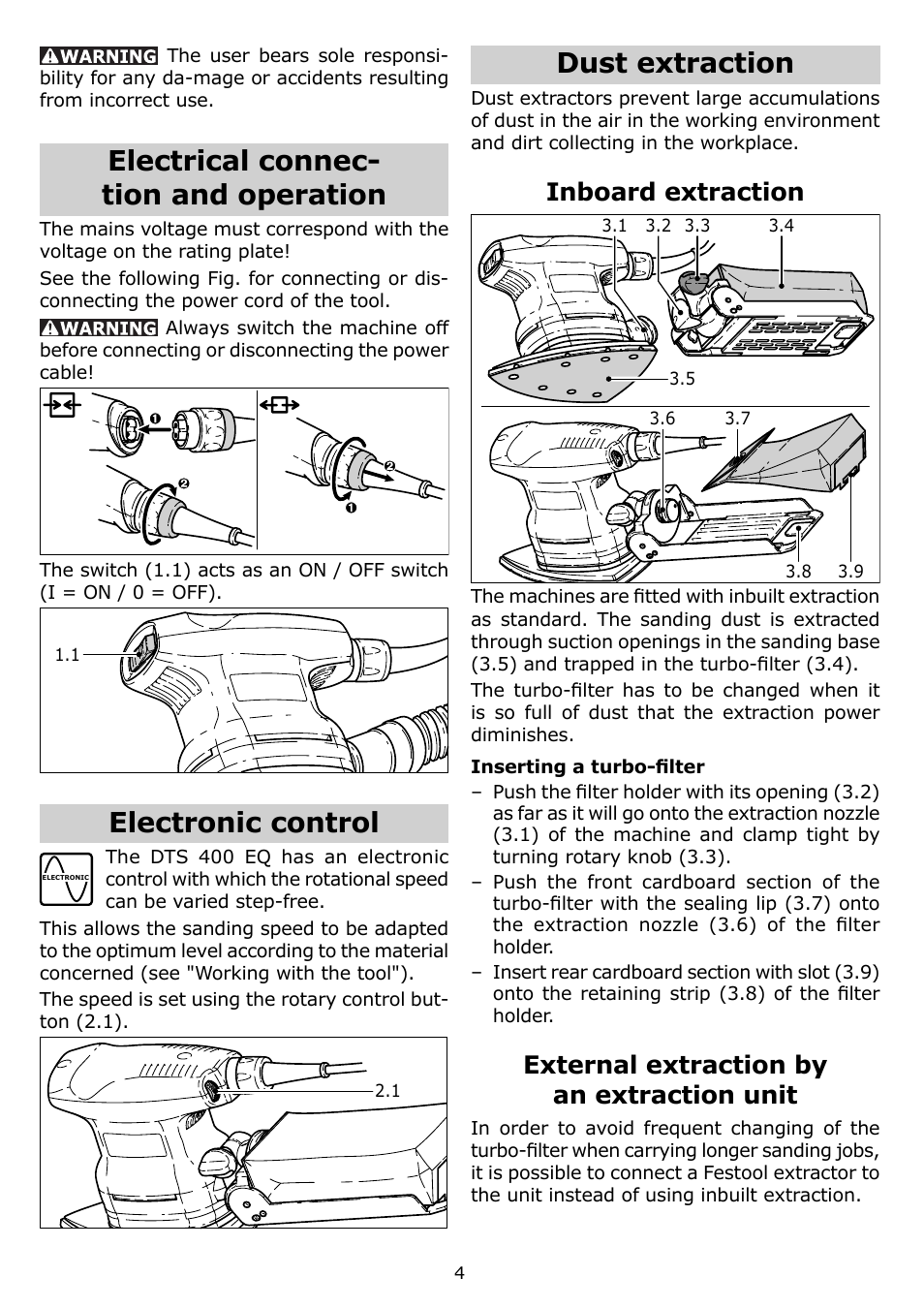 Electrical connec- tion and operation, Electronic control, Dust extraction | Inboard extraction, External extraction by an extraction unit | Festool DTS 400 EQ User Manual | Page 4 / 20