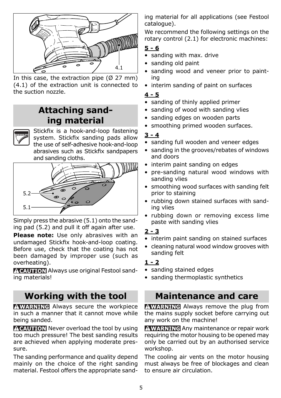 Attaching sand- ing material, Working with the tool, Maintenance and care | Festool DTS 400 EQ User Manual | Page 5 / 20