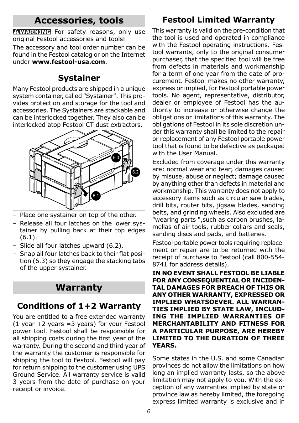 Accessories, tools, Warranty, Systainer | Conditions of 1+2 warranty, Festool limited warranty | Festool DTS 400 EQ User Manual | Page 6 / 20