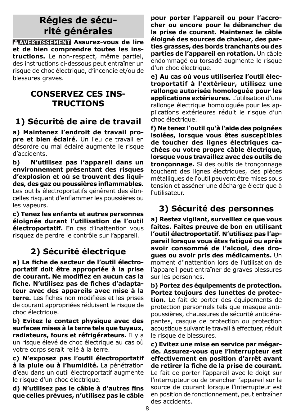 Régles de sécu- rité générales, 3) sécurité des personnes, 2) sécurité électrique | Festool DTS 400 EQ User Manual | Page 8 / 20