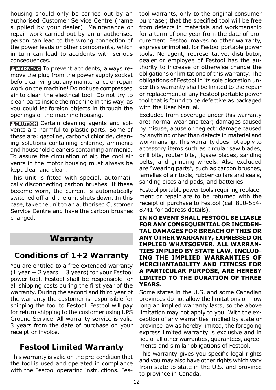 Warranty, Conditions of 1+2 warranty, Festool limited warranty | Festool OF 1400 EQ User Manual | Page 12 / 34