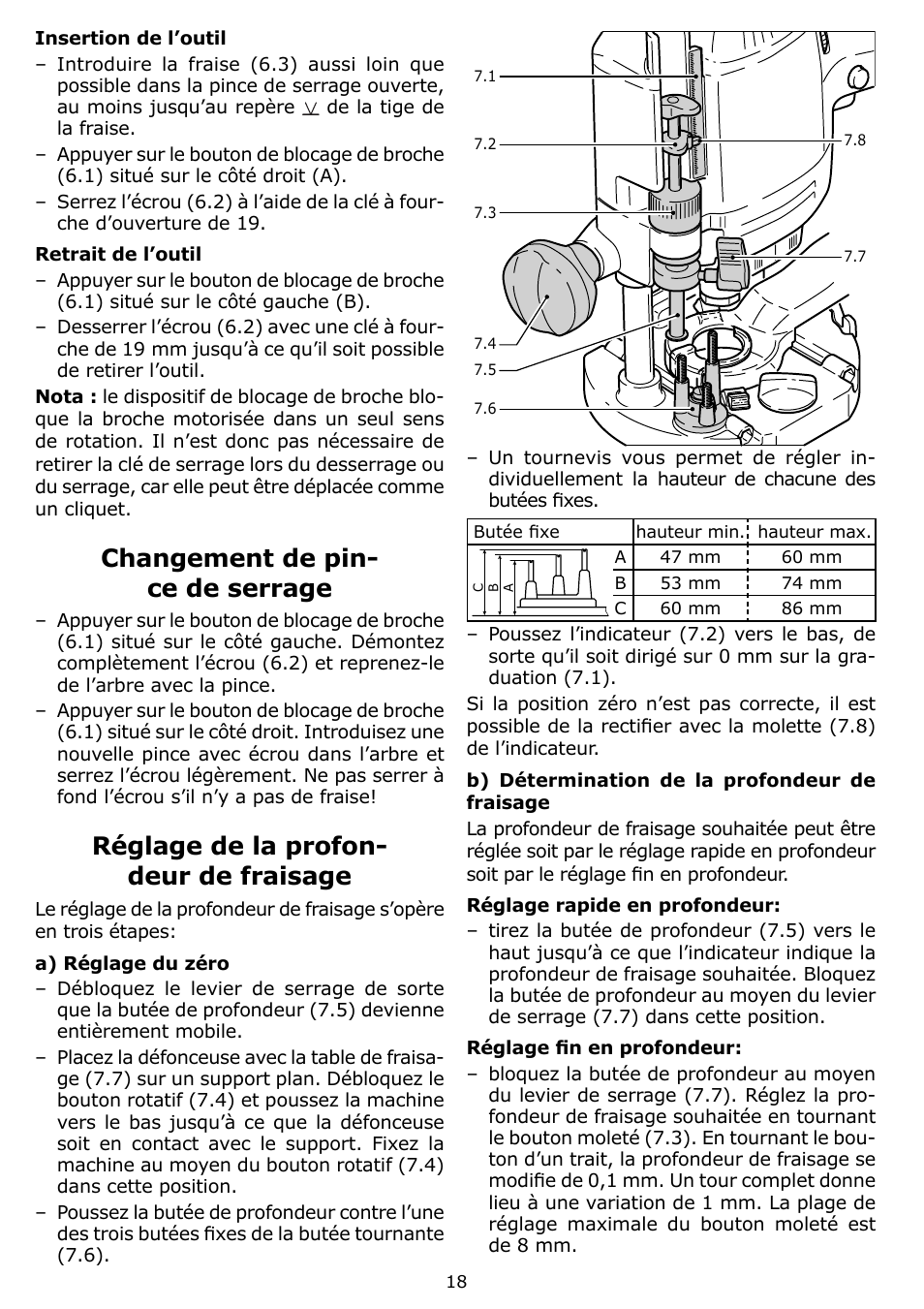 Changement de pin- ce de serrage, Réglage de la profon- deur de fraisage | Festool OF 1400 EQ User Manual | Page 18 / 34