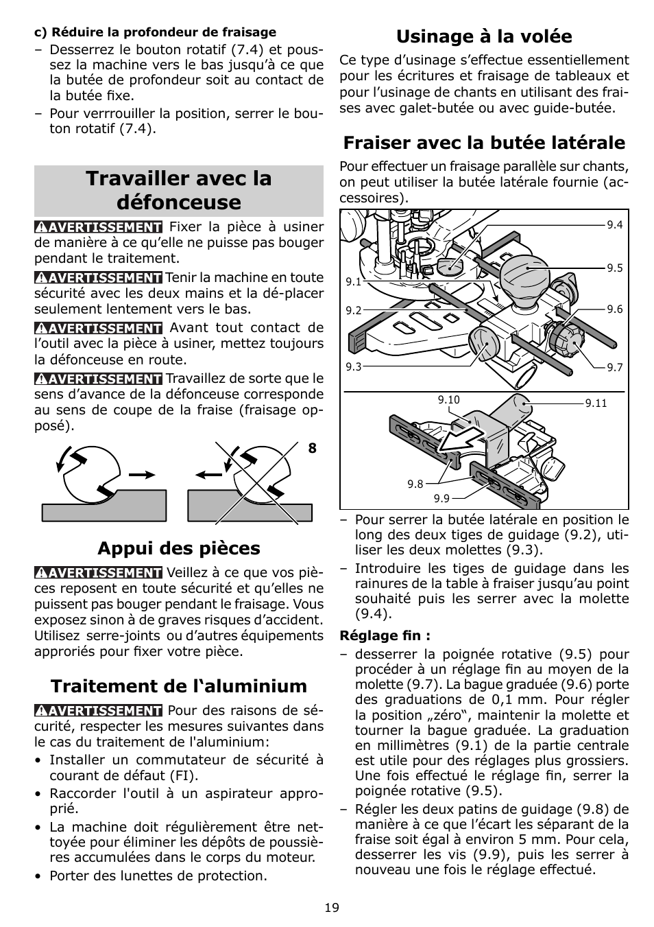 Travailler avec la défonceuse, Appui des pièces, Traitement de l‘aluminium | Usinage à la volée, Fraiser avec la butée latérale | Festool OF 1400 EQ User Manual | Page 19 / 34