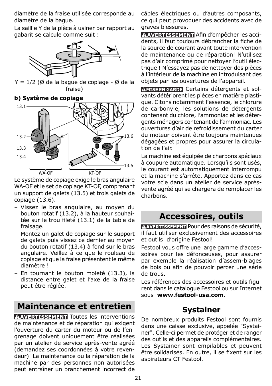 Maintenance et entretien, Accessoires, outils, Systainer | Festool OF 1400 EQ User Manual | Page 21 / 34