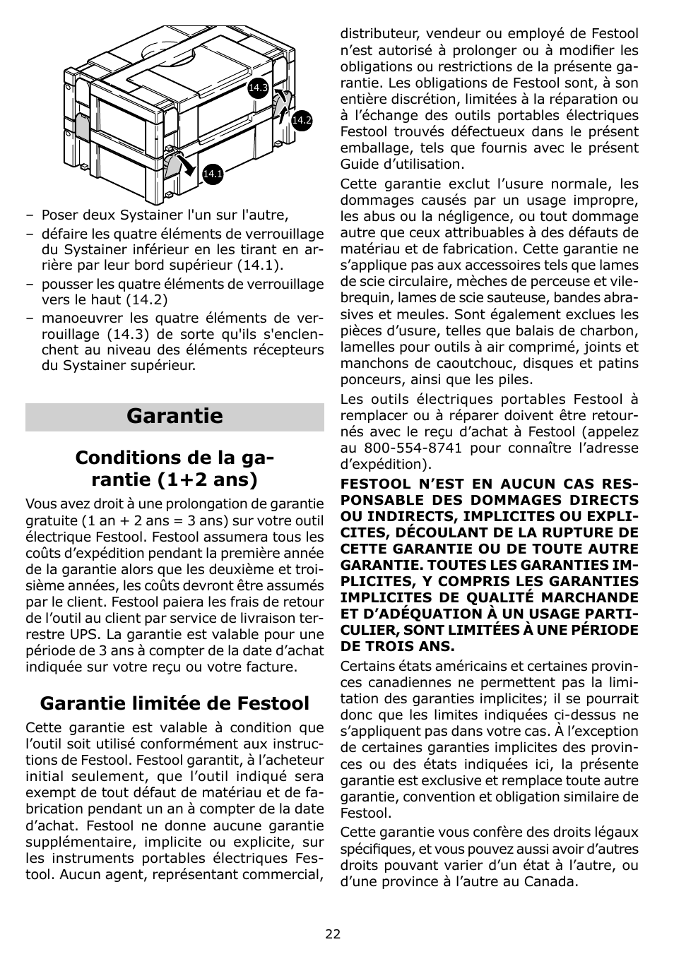 Garantie, Conditions de la ga- rantie (1+2 ans), Garantie limitée de festool | Festool OF 1400 EQ User Manual | Page 22 / 34