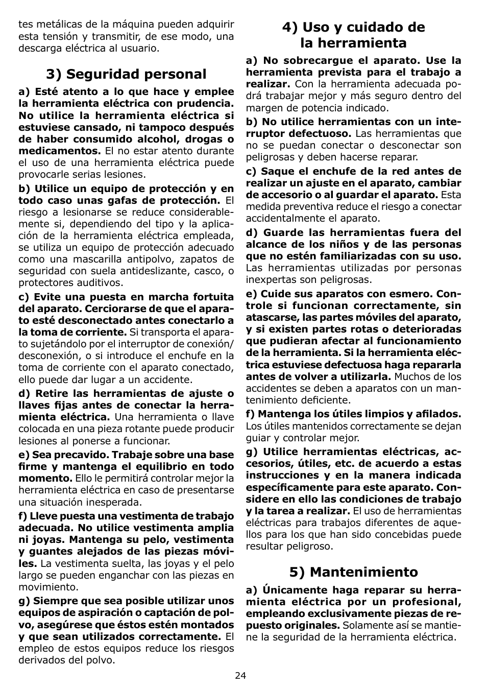 4) uso y cuidado de la herramienta, 5) mantenimiento, 3) seguridad personal | Festool OF 1400 EQ User Manual | Page 24 / 34