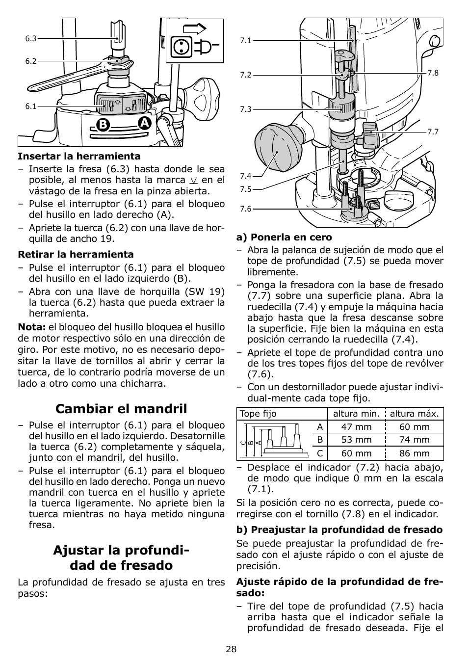Cambiar el mandril, Ajustar la profundi- dad de fresado | Festool OF 1400 EQ User Manual | Page 28 / 34
