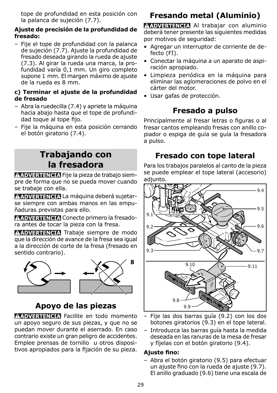Trabajando con la fresadora, Apoyo de las piezas, Fresando metal (aluminio) | Fresado a pulso, Fresado con tope lateral | Festool OF 1400 EQ User Manual | Page 29 / 34