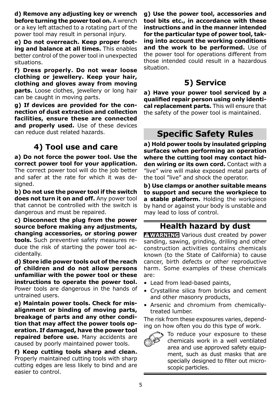 Specifi c safety rules, 5) service, Health hazard by dust | 4) tool use and care | Festool OF 1400 EQ User Manual | Page 5 / 34