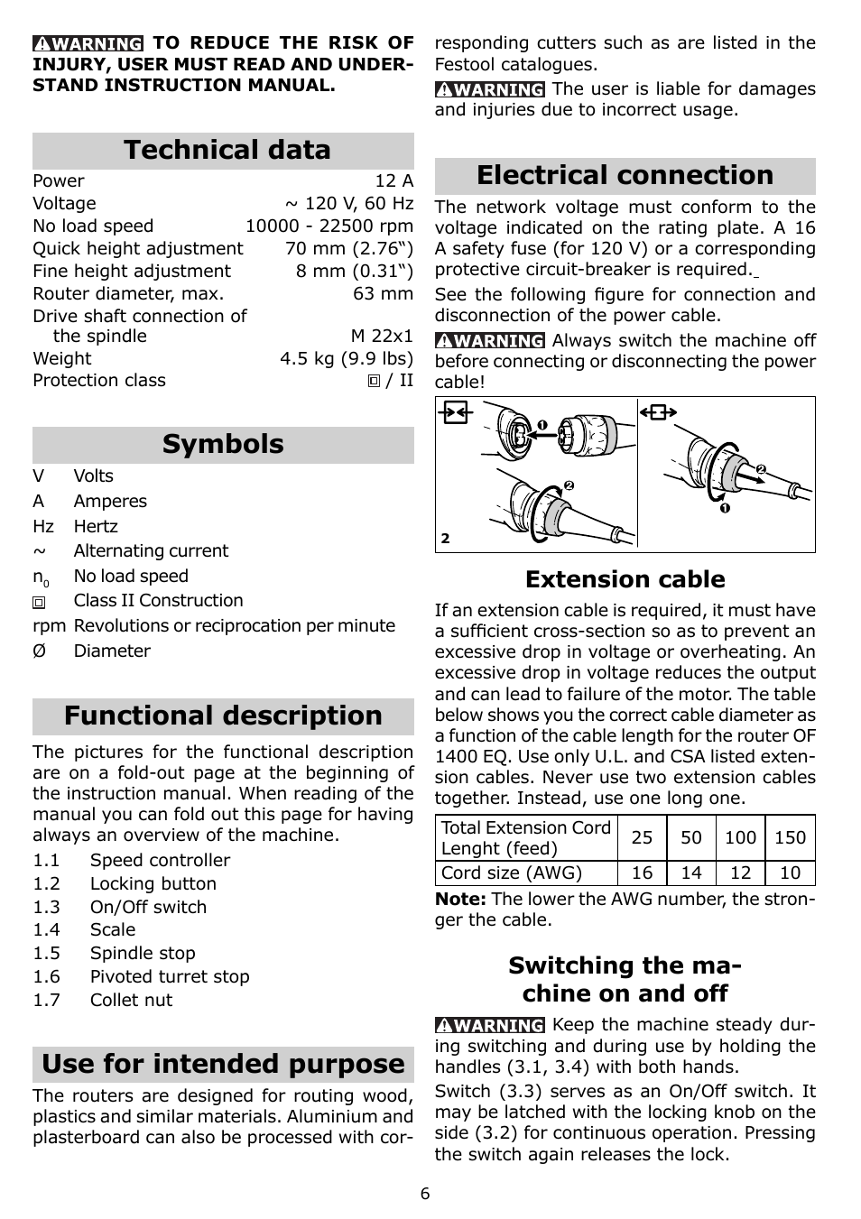 Technical data, Symbols, Functional description | Use for intended purpose, Electrical connection, Extension cable, Switching the ma- chine on and off | Festool OF 1400 EQ User Manual | Page 6 / 34